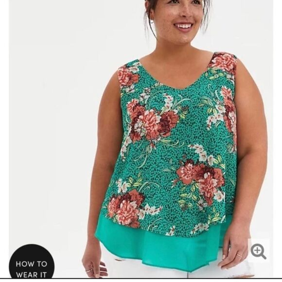 TORRID WOMEN'S GREEN FLORAL DOUBLE LAYER CHIFFON TANK SIZE 3X - Picture 1 of 13